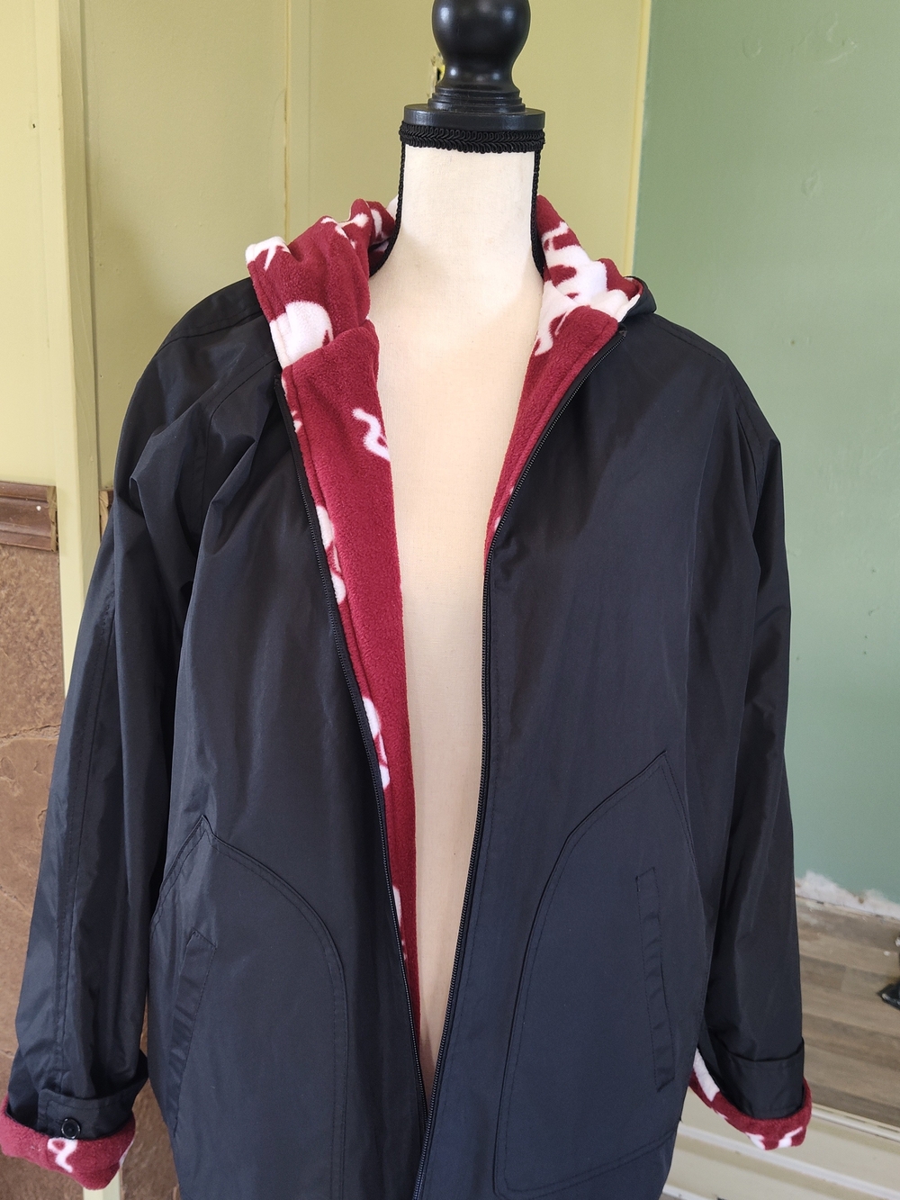 Giorgio Armani Black Windbreaker with Red Patterned Fleece Lining